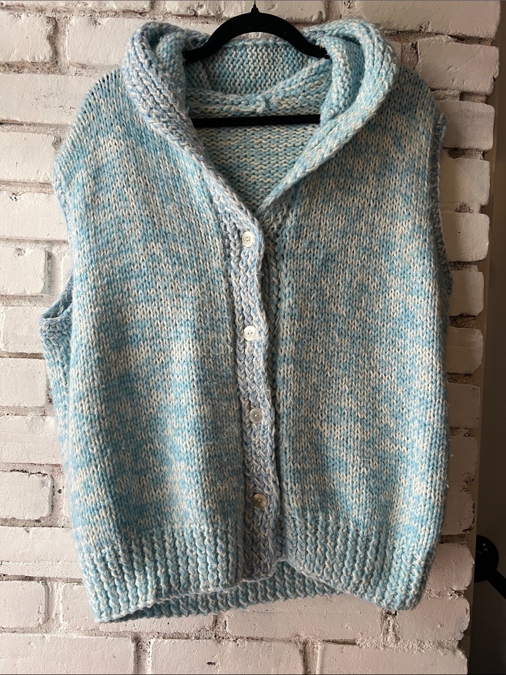 Handmade Light Blue Marled Button-Front Women’s Sweater Vest with hood